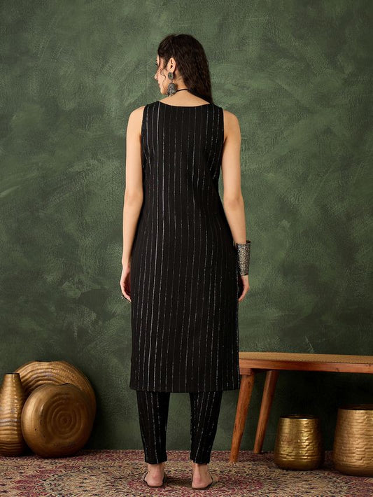 Black Color Cotton Silk Blend Beautiful Stylish Tendy Top Bottom Set