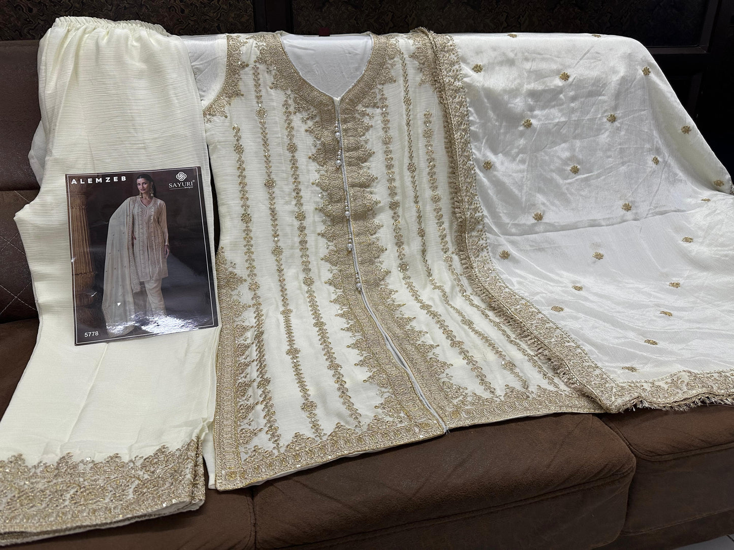 Ivory Chinon Silk Free Size Upto 44 Full stitched Suits