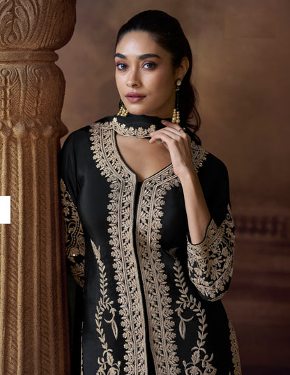 Black Chinon Silk Free Size Upto 44 Full stitched Suits