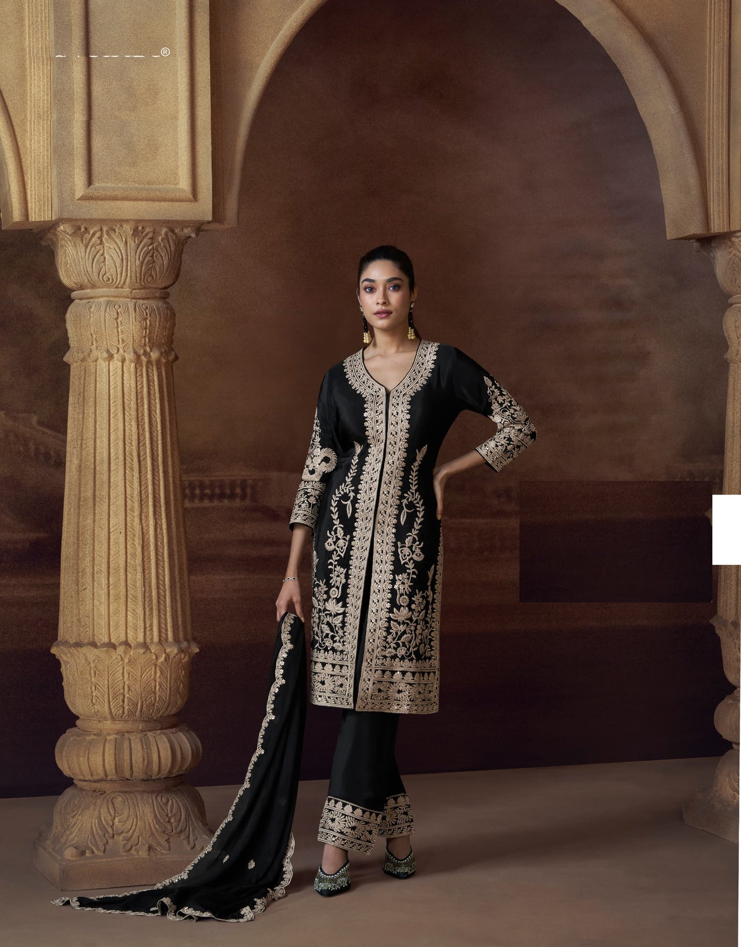 Black Chinon Silk Free Size Upto 44 Full stitched Suits