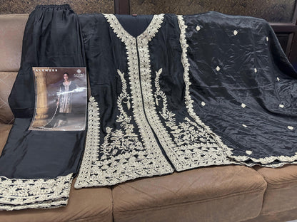 Black Chinon Silk Free Size Upto 44 Full stitched Suits
