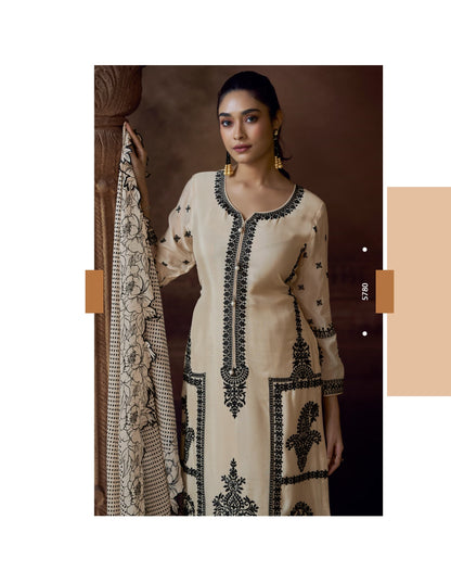 Cream Chinon Silk Free Size Upto 44 Full stitched Suits