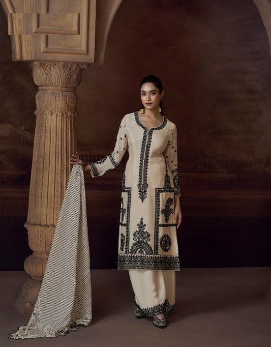 Cream Chinon Silk Free Size Upto 44 Full stitched Suits