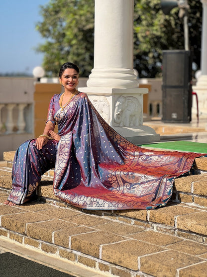 Darkgrey Soft Banarasi Silk Meenakari Weaving Saree With Unstitched Blouse