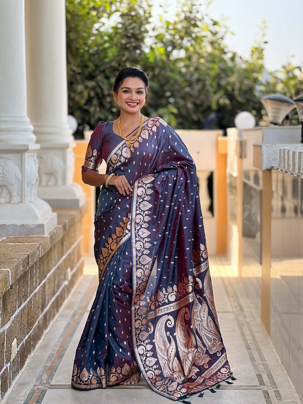 Darkgrey Soft Banarasi Silk Meenakari Weaving Saree With Unstitched Blouse