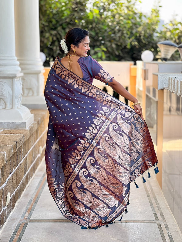 Darkgrey Soft Banarasi Silk Meenakari Weaving Saree With Unstitched Blouse
