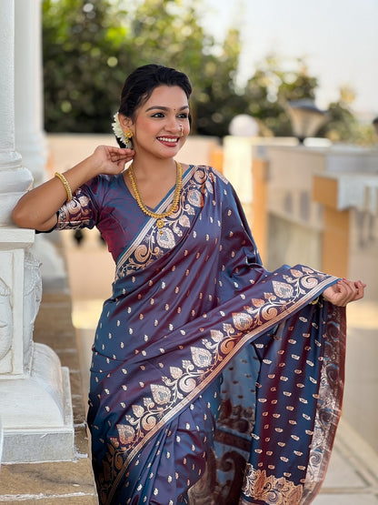 Darkgrey Soft Banarasi Silk Meenakari Weaving Saree With Unstitched Blouse