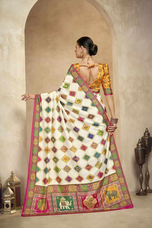Graceful Ethnic Off White Color Bollywood Style Crepe Silk Designer Digital Foil Printed Saree