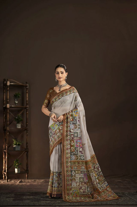Off White Color Crepe Silk Fabric Designer Foil Printed Saree