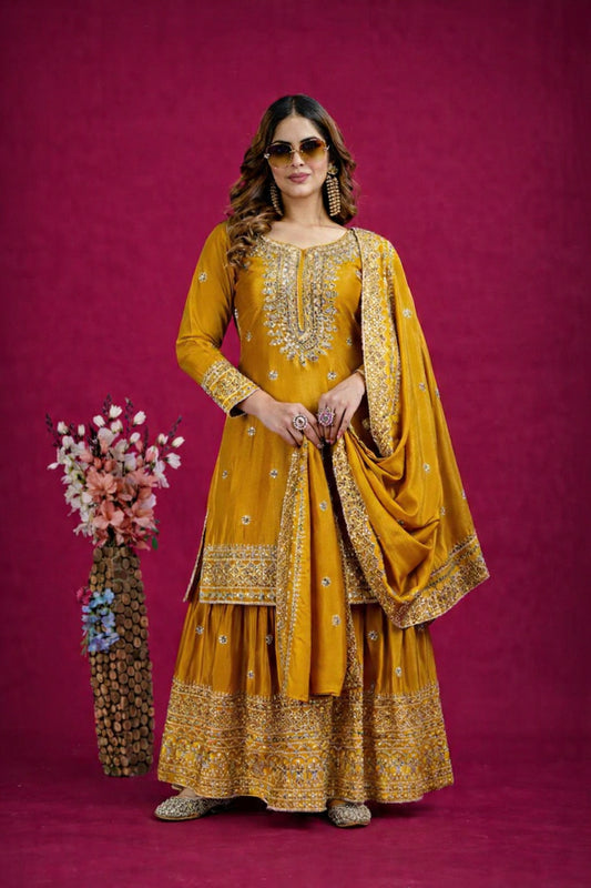 Demanding Maroon Colored Partywear Embroidered Sequence Worked Kurta And Palazzo With Dupatta Set Elegant Kalidar Punjabi Kurta Sharara Set Ethnic Motifs Yoke Design