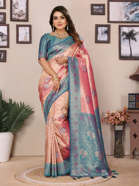 Aqua Banarasi Tissue Silk Saree With Weaving Work