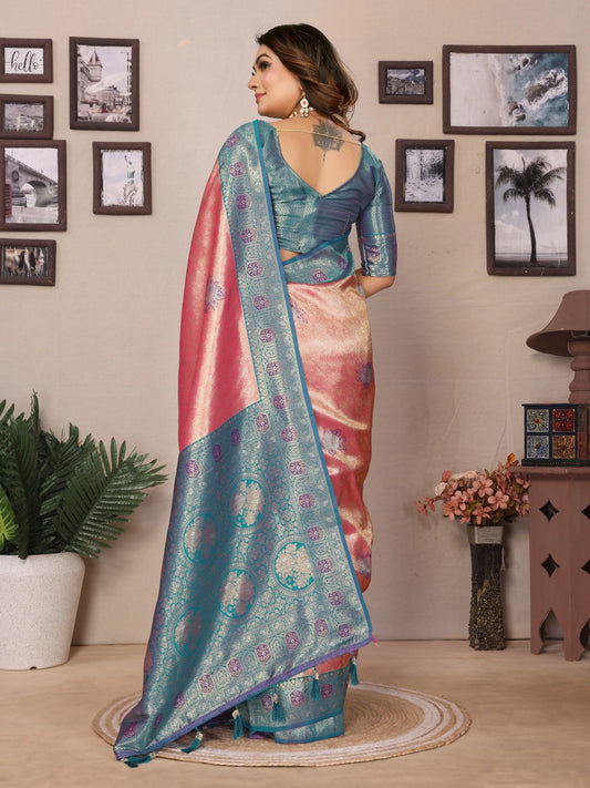Aqua Banarasi Tissue Silk Saree With Weaving Work