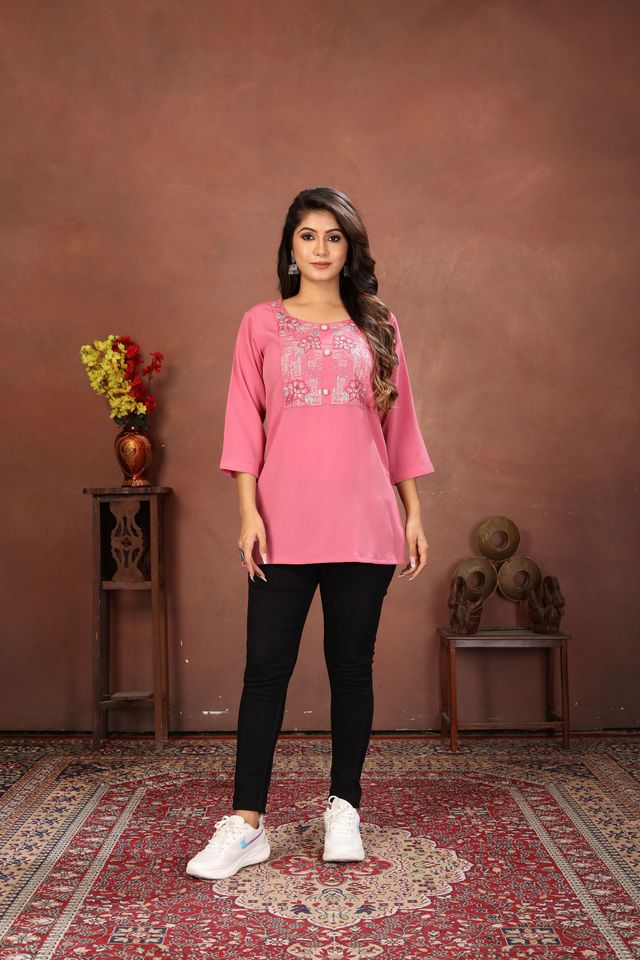 Pink Color Rinkal Cotton Fabric Formal Looking Casual Short Kurta