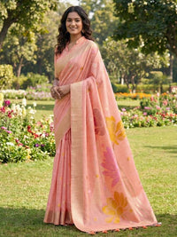 Peach Color Linen Cotton Fabric Woven Designer Partywear Saree