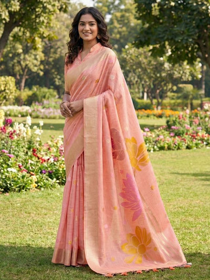 Peach Color Linen Cotton Fabric Woven Designer Partywear Saree