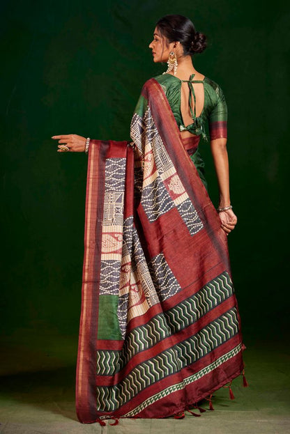 Mahendi Color Gathan Silk Fabric Designer Digital Printed Partywear Saree