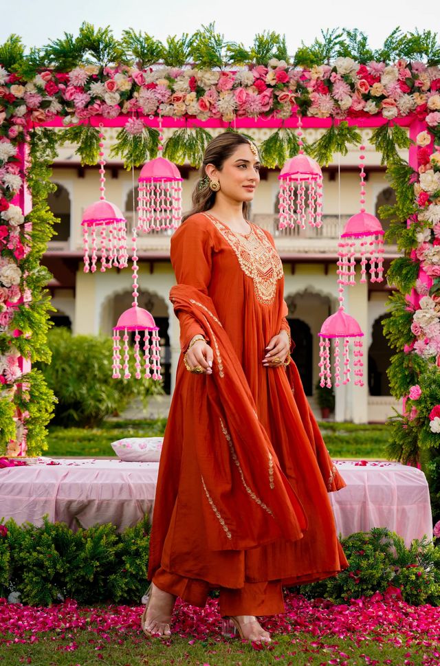 Rust Color Beautiful Readymade Dress On Vichitra Silk Fabric For Graceful Girlie Looks