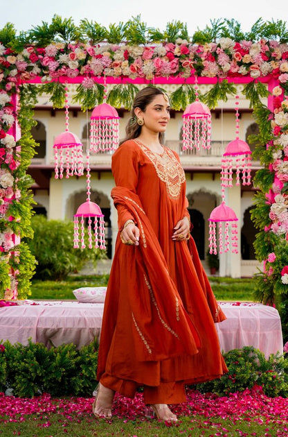 Rust Color Beautiful Readymade Dress On Vichitra Silk Fabric For Graceful Girlie Looks