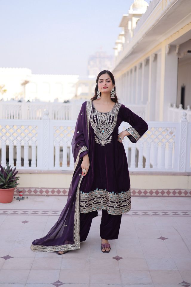 Wine Color Designer Ethnic Heavy Partywear Suit For Ceremonial Looks