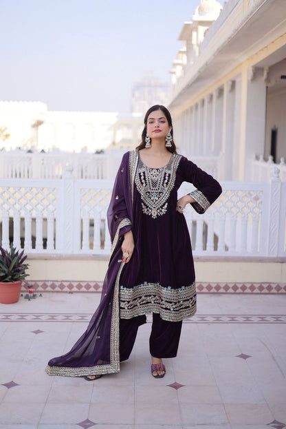 Wine Color Designer Ethnic Heavy Partywear Suit For Ceremonial Looks