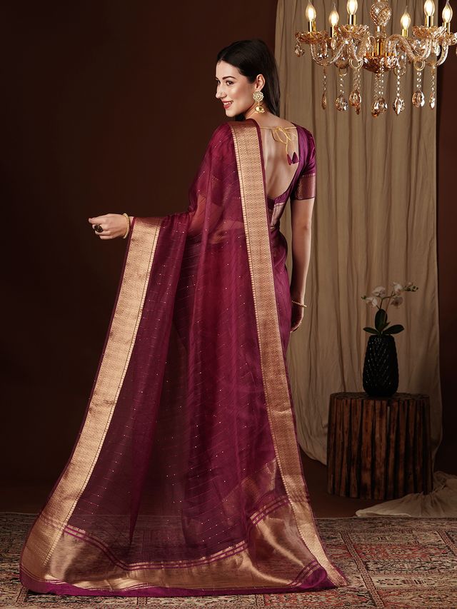Wine Color Girlie Organza Fabric Woven Jacquard Designer Saree