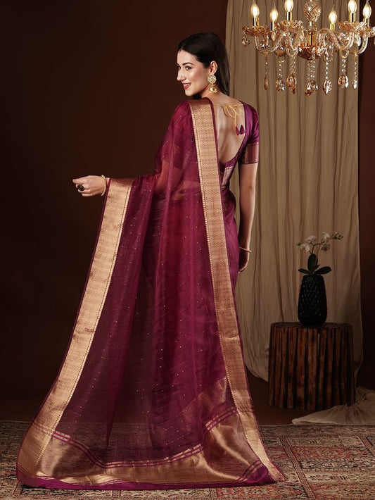 Wine Color Girlie Organza Fabric Woven Jacquard Designer Saree