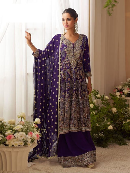 Dark Blue pure geogette full stitched suit Free Size upto 42
