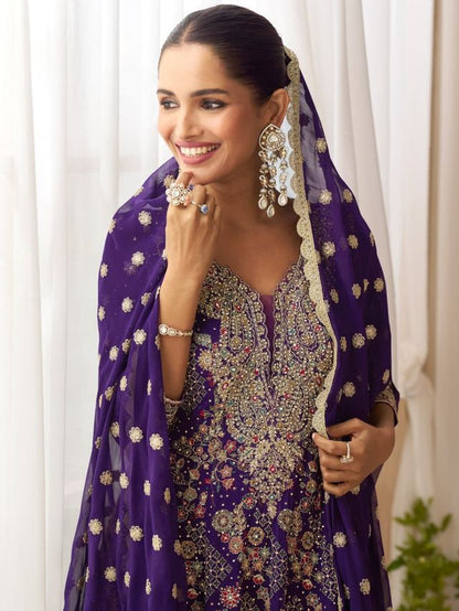 Dark Blue pure geogette full stitched suit Free Size upto 42