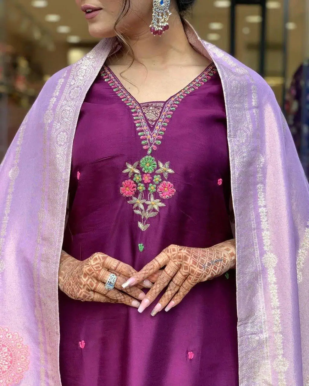Women's Beautiful Chanderi Fabric Embroidery Work Flared Kurta Pant and Dupatta Set