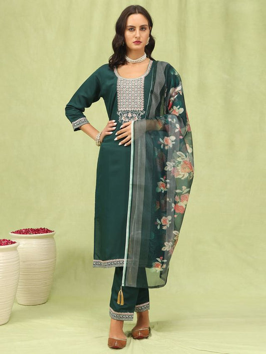 Green Color Viscose Roman Silk Fabric Designer Embroidery Work Sophisticated Girlie Salwar Kameez