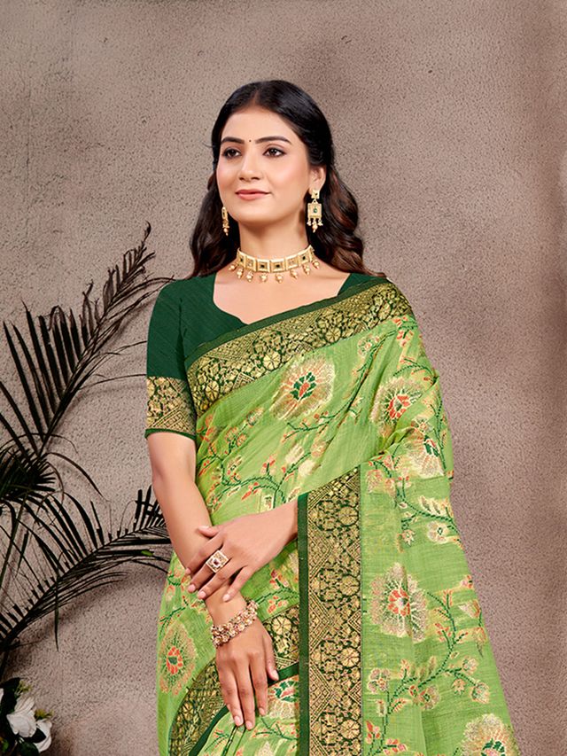 Mahendi Color Cotton Silk Fabric Woven Meenakari Designer Partywear Saree