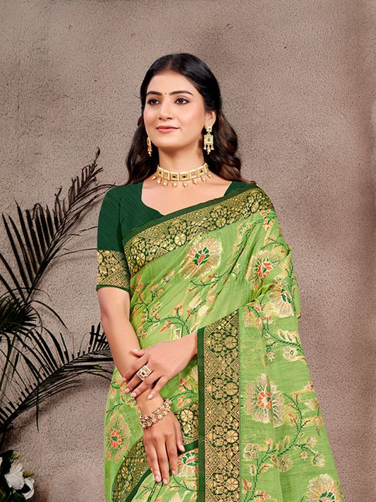 Mahendi Color Cotton Silk Fabric Woven Meenakari Designer Partywear Saree