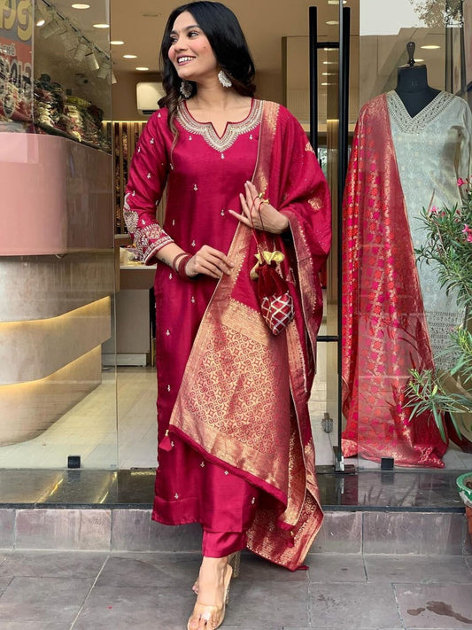 Beautiful Embroidery Viscose Chanderi Fabric Straight Kurta Pant with Dupatta Set DC