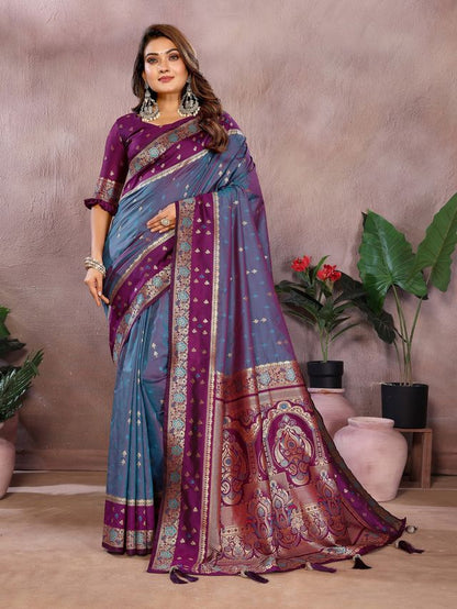 Blue Color Handloom Silk Fabric Weaving Designer Ethnic Partywear Saree