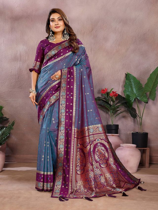 Blue Color Handloom Silk Fabric Weaving Designer Ethnic Partywear Saree