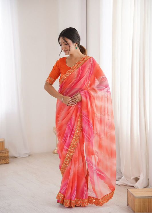 Orange Color Georgette Chiffon Fabric Saree With Designer Festive Looks Saree