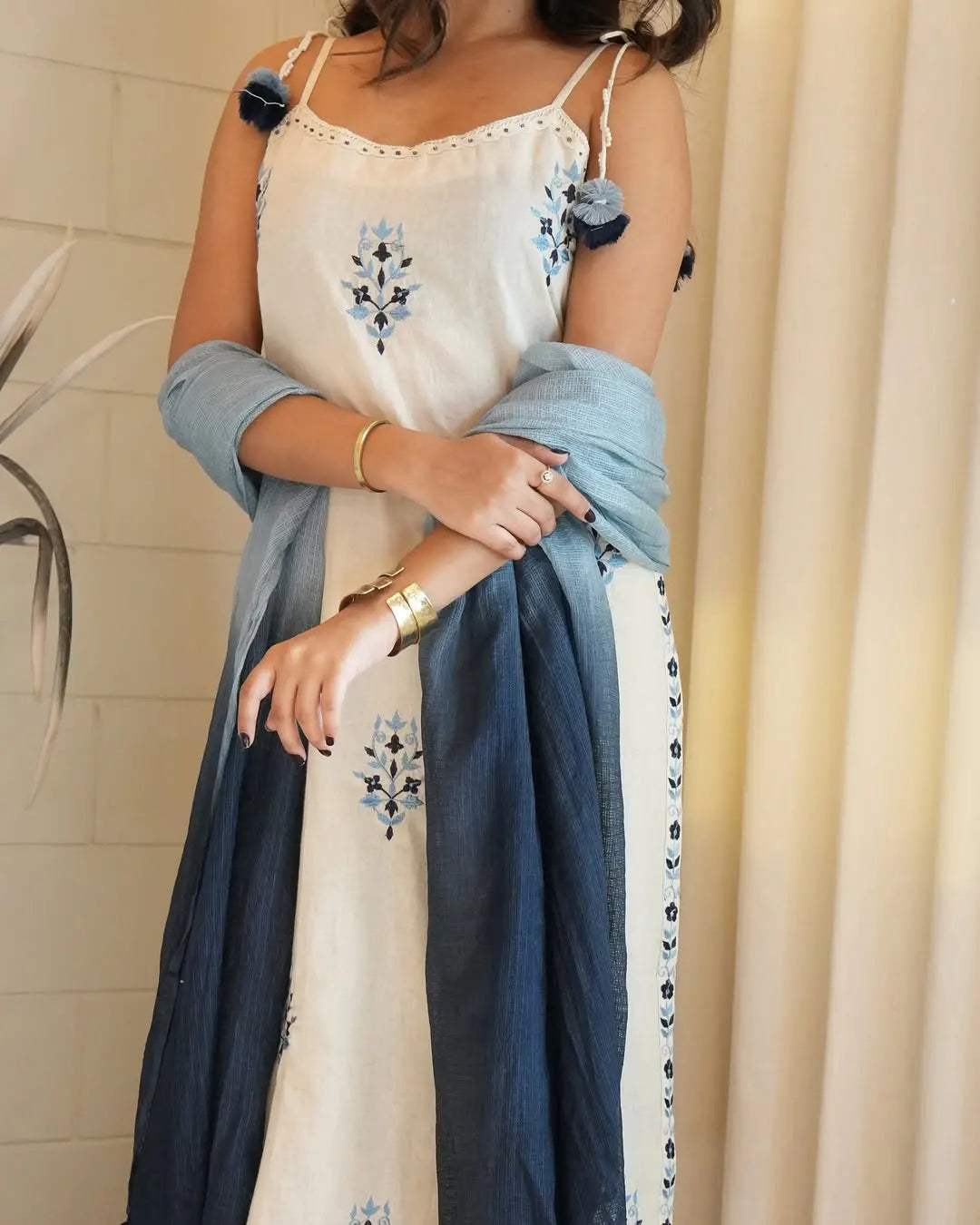 Women's Gorgeous Cotton Flex Fabric Thread Work Straight Kurta Pant and Dupatta Set