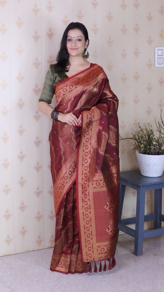 Maroon Color Soft Silk Woven Jari Designer Ethnic Partywear Saree