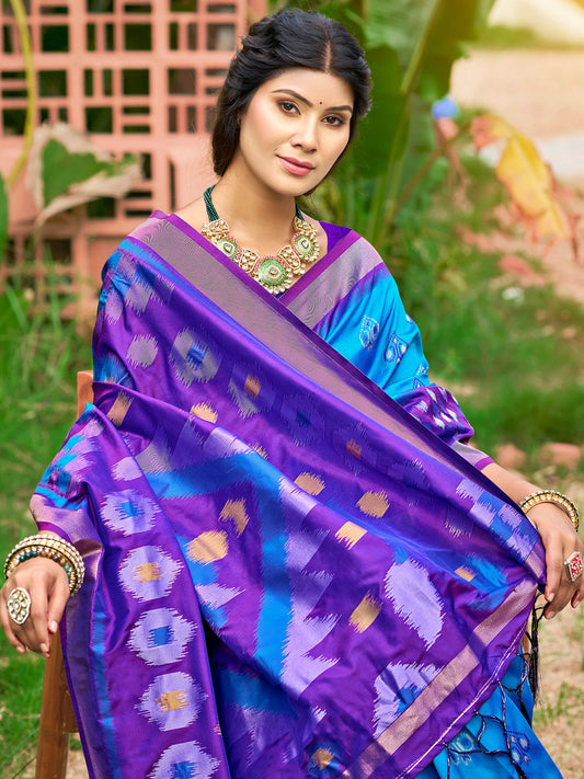 Aqua Blue Soft Silk Saree with Floral Printed Work with Blouse