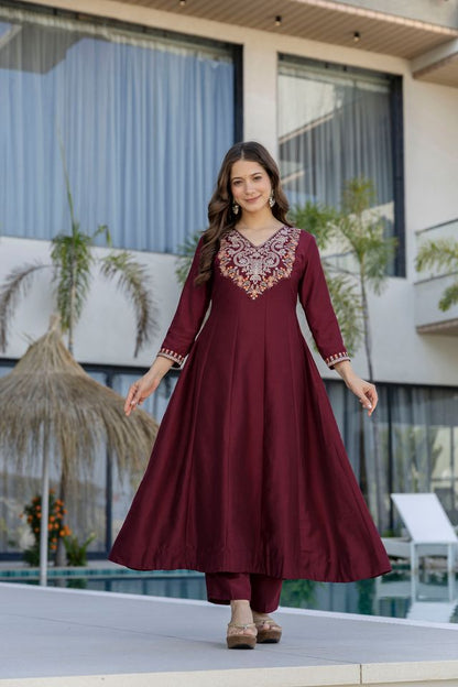 Maroon Chinon Fabric Beautiful Graceful Ceremonial Kurta Set