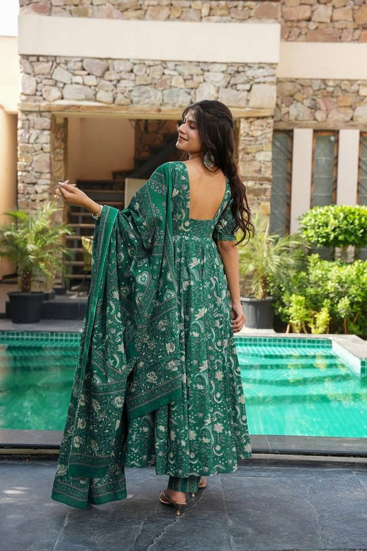 Green Color Muslin Fabric Designer Digital Printed Partywear Attire For Girl
