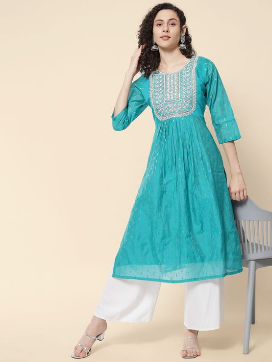 Sea Green Color Chanderi Modal Fabric With Beautiful Embroidered Work Fancy Looks