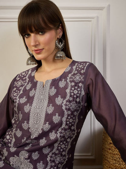 Purple Color Cotton Silk Fabric Woven Designer Ethnic Formal Kurta