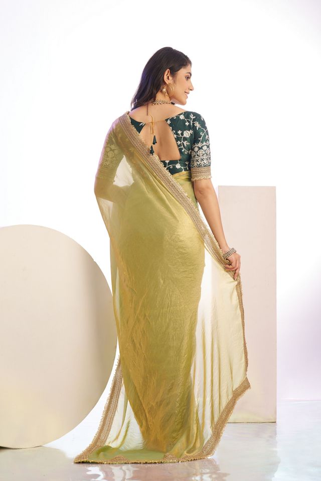 Pista Color Stylish Heavy Partywear Saree For Rich Girlie Looks