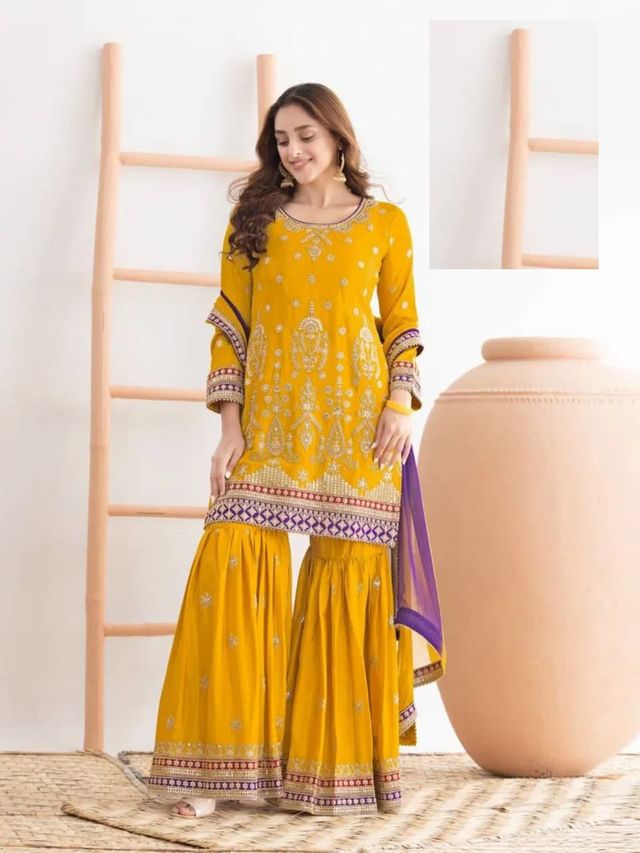Yellow Chinon Silk Semi Stitched Wedding Suits
