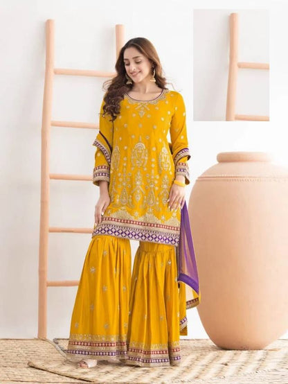 Yellow Chinon Silk Semi Stitched Wedding Suits