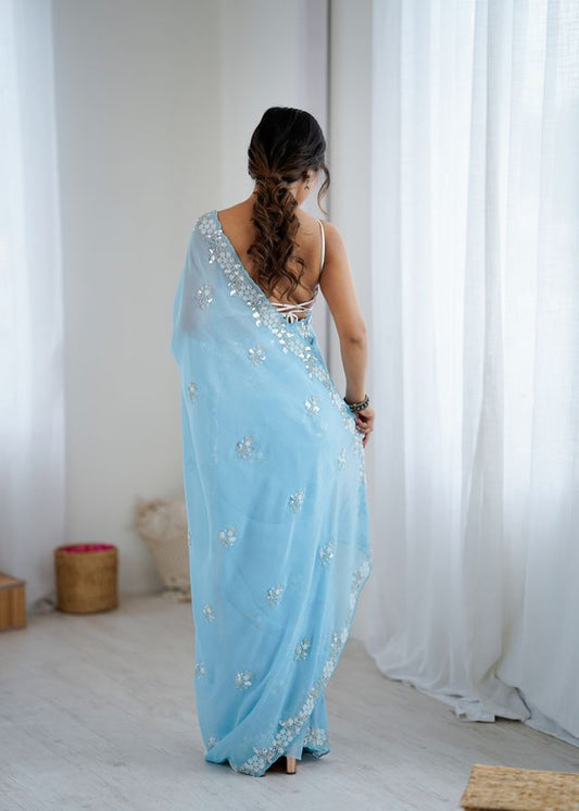 Sky Blue Color Chiffon Crush Fabric Heavy Designer Work Partywear Saree
