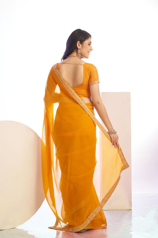 Yellow Color Ethnic Embroidered Simmer Chiffon Fabric Girlie Partywear Saree