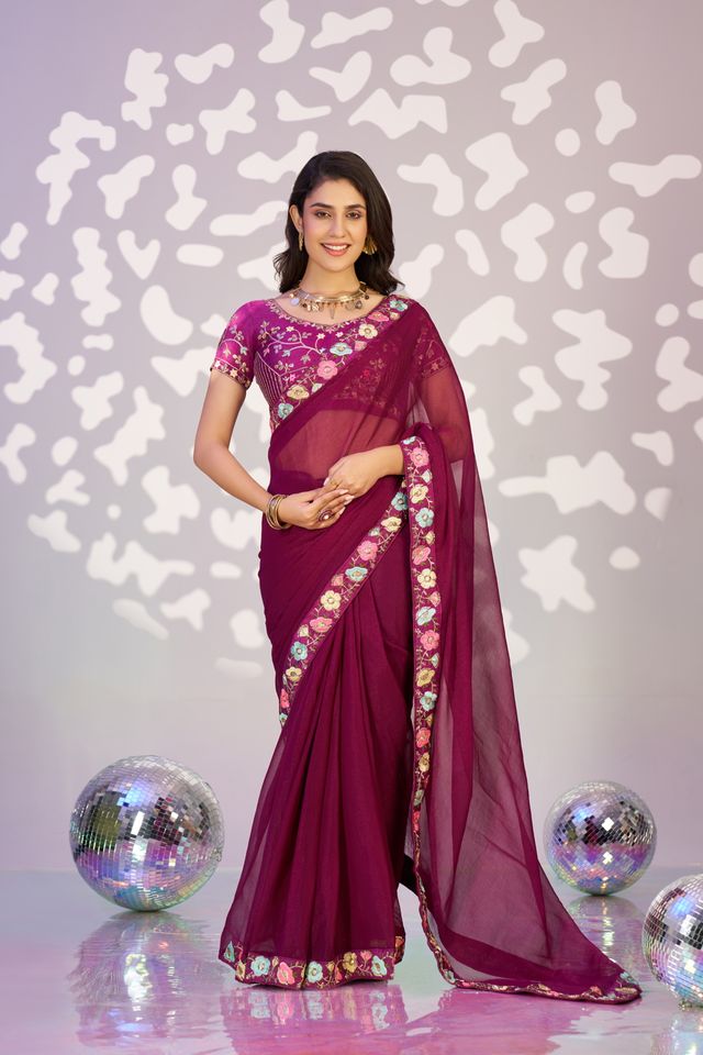 Wine Color Ethnic Embroidered Simmer Chiffon Fabric Girlie Partywear Saree