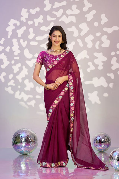 Wine Color Ethnic Embroidered Simmer Chiffon Fabric Girlie Partywear Saree